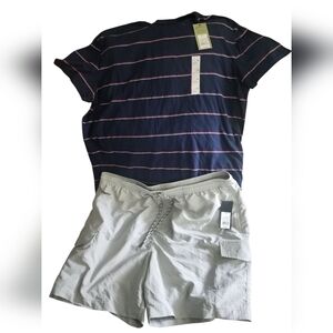 Mens Navy Striped Goodfellow T-Shirt and Original Use Grey Cargo Shorts Set XXL